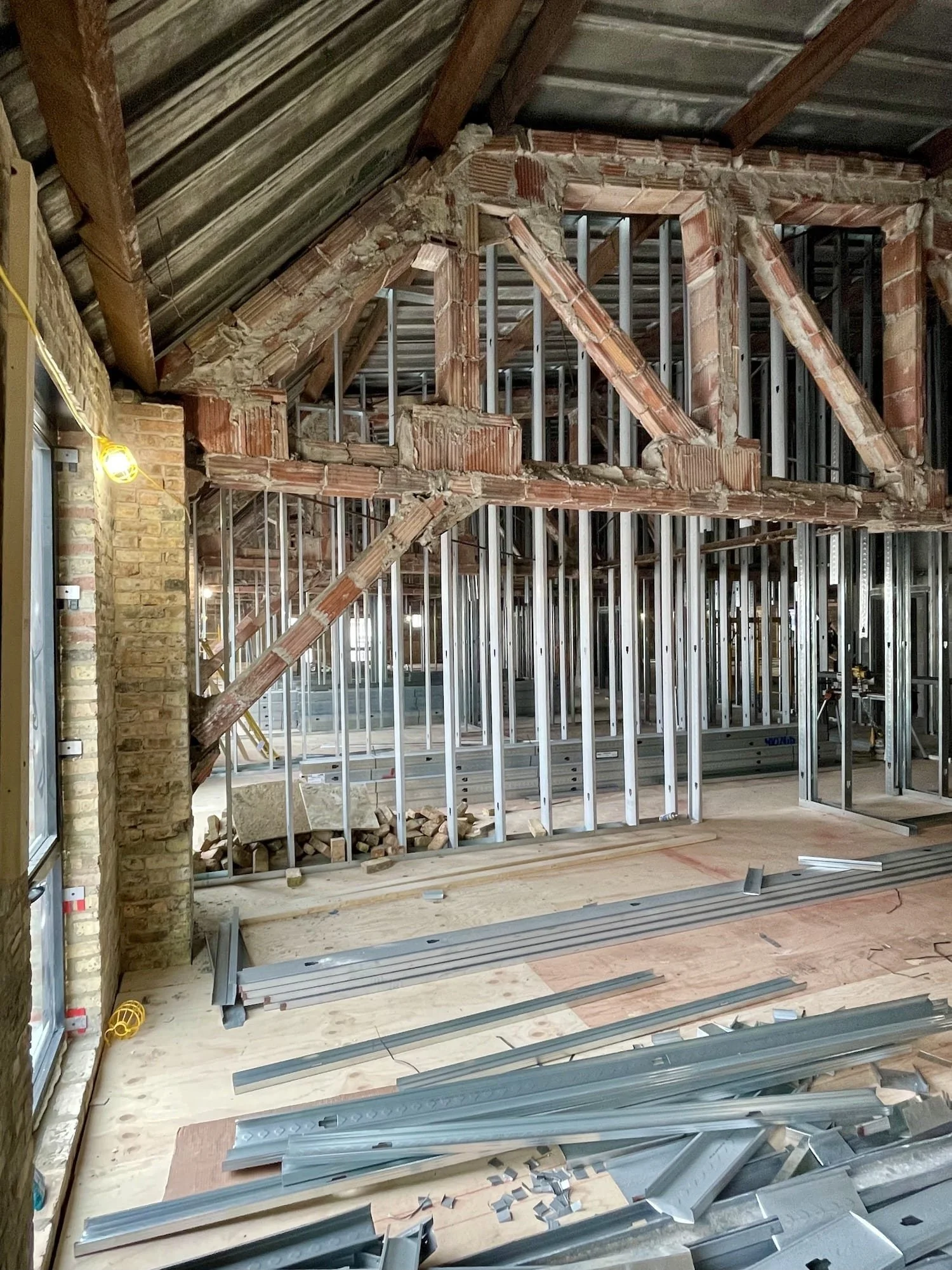 Complex metal stud framing inside the Varsity Theater historic structure — Evanston, IL
