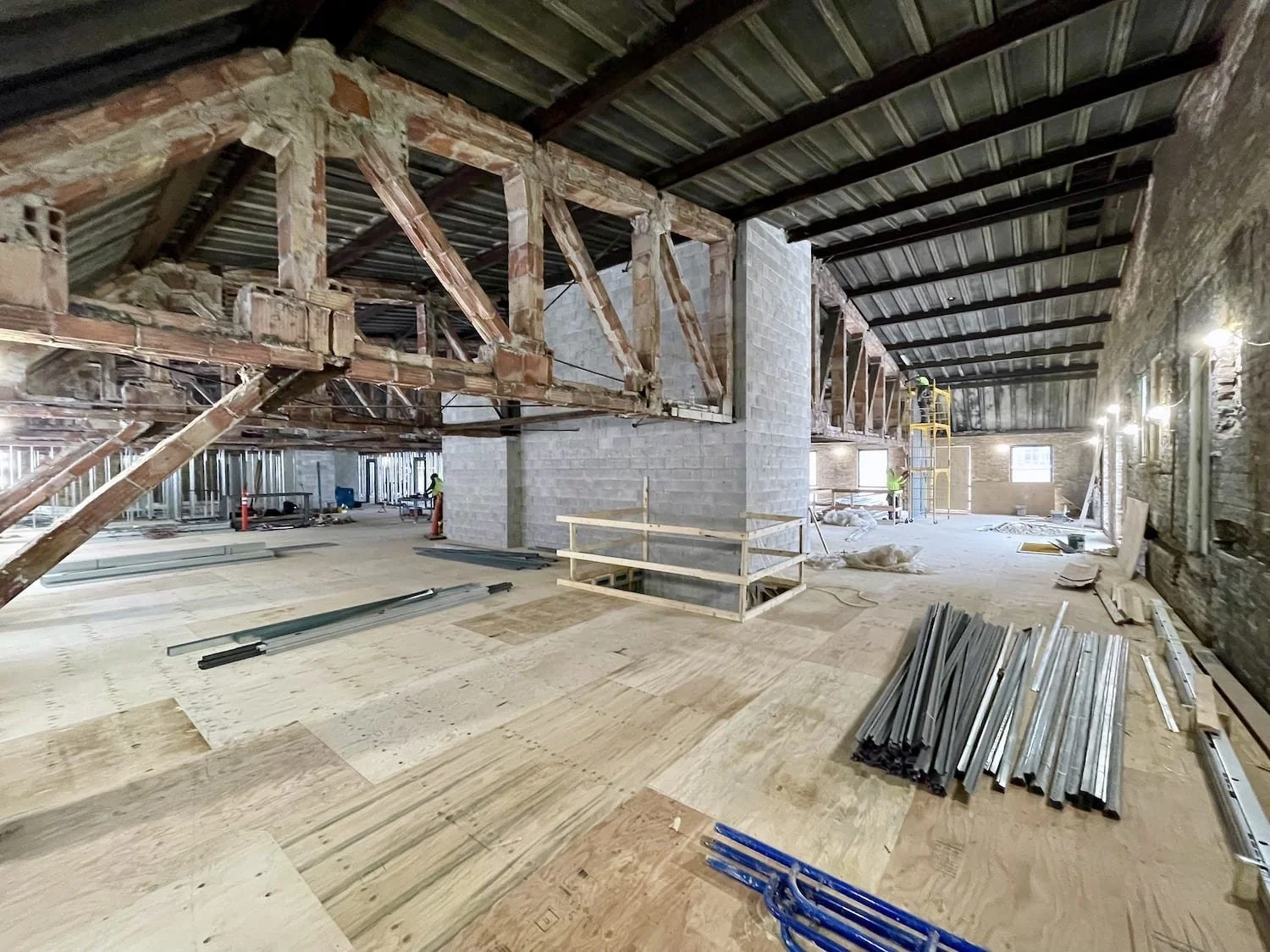 Interior framing and historic masonry — Varsity Theater Evanston renovation