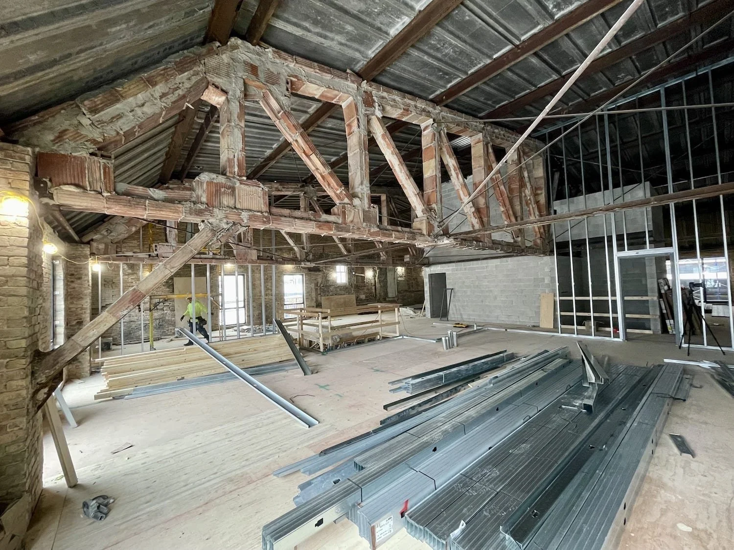 Framing assembly inside historic Varsity Theater