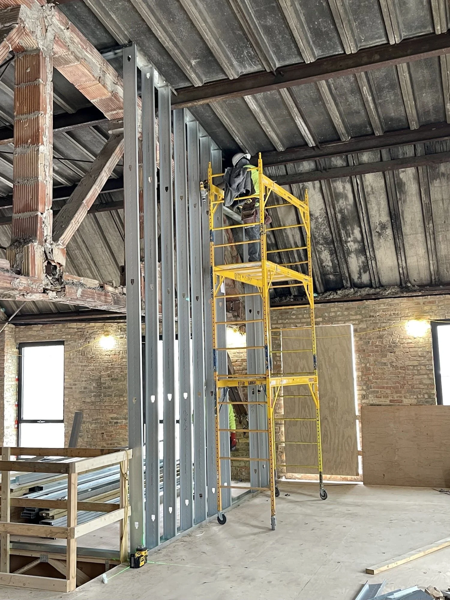Tall-wall metal stud framing — Varsity Theater Evanston renovation