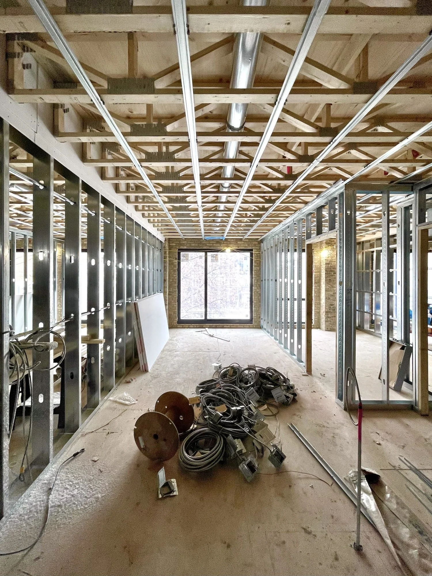 Late-stage framing Varsity Theater renovation Evanston